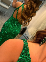 Load image into Gallery viewer, One Shoulder Sequins Green Prom Dresses Evening Gown Criss Cross