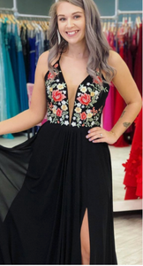 V Neck Prom Dresses Floor Length with Embroidery