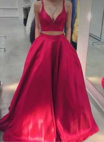 Two Piece V Neck Prom Dresses Red Floor Length