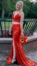 Load image into Gallery viewer, Two Piece Prom Dresses Sequins Spaghetti Straps