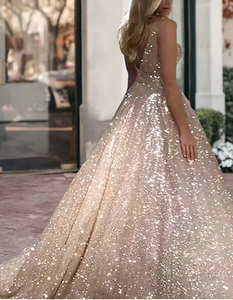 V Neck Prom Dresses Sparkly Sequins Long