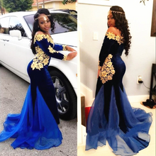 Load image into Gallery viewer, Royal Blue Prom Dresses Mermaid with Gold Lace