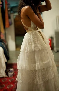 Boho V Neck Wedding Dresses Bridal Gown Lace with Sash