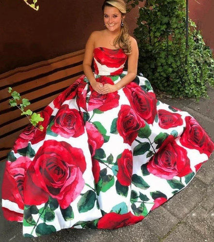 Prom Dresses Floral Evening Gown Print Strapless