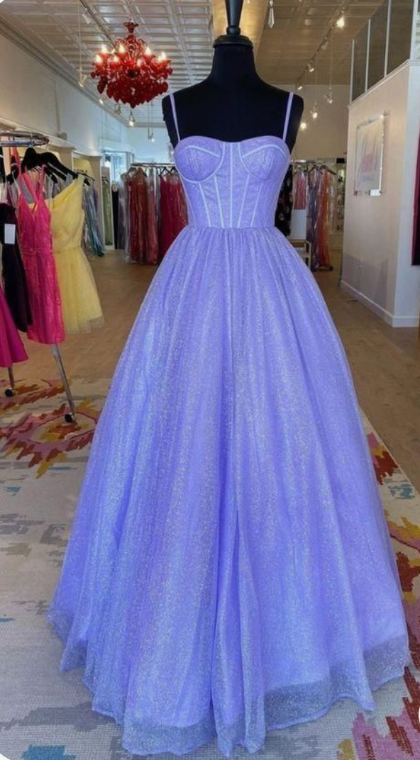 Lavender Prom Dresses Sparkly Spaghetti Straps