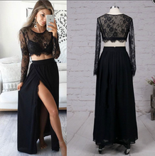 Load image into Gallery viewer, Two Piece Black Prom Dresses Slit Side with Sleeves
