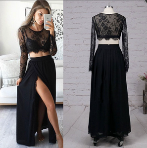 Two Piece Black Prom Dresses Slit Side with Sleeves