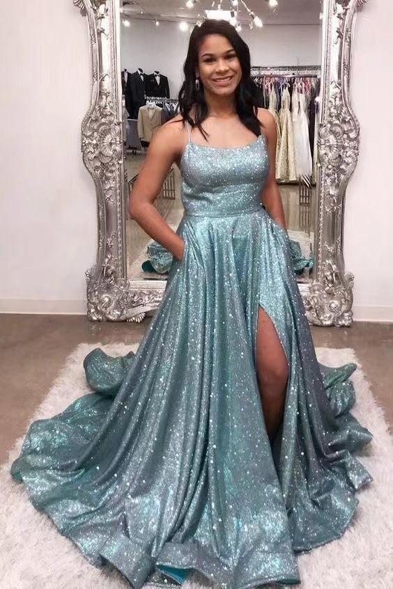 Sparkly Blue Prom Dresses Halter