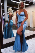 Cargar imagen en el visor de la galería, Dusty Blue Prom Dresses High Slit Evening Gown Criss Cross