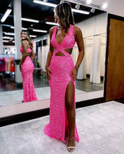 Load image into Gallery viewer, Halter Slit Prom Dresses Fuchsia Sequins Halter