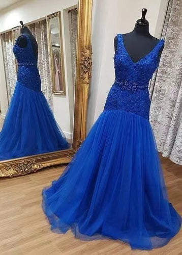 V Neck Royal Blue Prom Dresses with Rhinestones