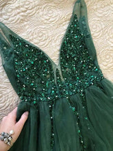 Load image into Gallery viewer, Green V Neck Prom Dresses with Beads Rhinestones