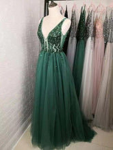 Load image into Gallery viewer, Green V Neck Prom Dresses with Beads Rhinestones