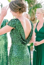 Load image into Gallery viewer, Green Sequins Bridesmaid Dresses Cap Sleeves