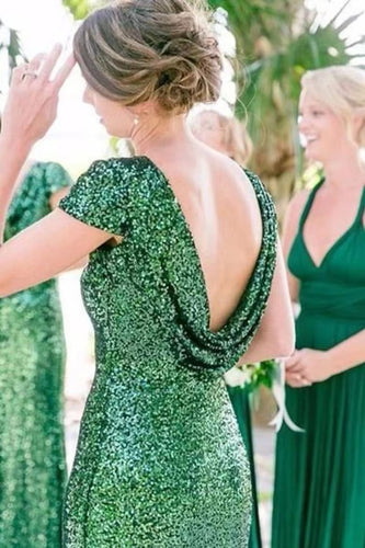 Green Sequins Bridesmaid Dresses Cap Sleeves