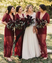 Load image into Gallery viewer, Deep V Neck Bridesmaid Dresses Burgundy with Sleeves
