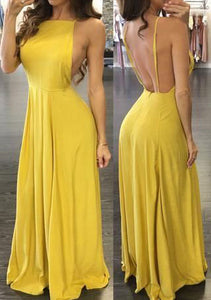 Sexy Dark Yellow Backless Long Prom Dresses Evening Dresses