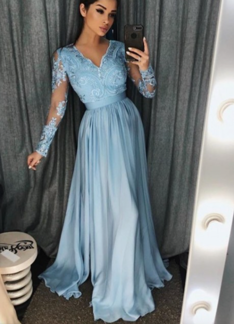 V Neck Baby Blue Prom Dresses with Full Sleeves