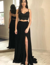Load image into Gallery viewer, Two Piece Black Split Side Long Prom Dresses with Lace