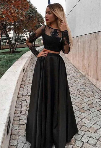 Two Piece Black Long Prom Dresses with Appliques Lace