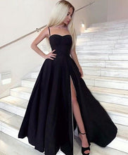 Load image into Gallery viewer, Spaghetti Straps Black Split Side Long Prom Dresses