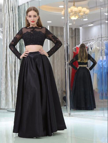 Two Piece Black Prom Dresses with Long Sleeves