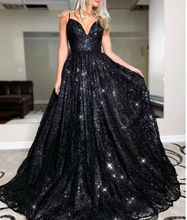 Load image into Gallery viewer, Sparkly Black Prom Dresses Spaghetti Straps