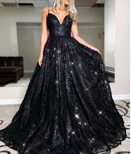 Sparkly Black Prom Dresses Spaghetti Straps