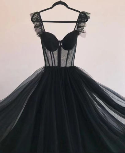 Straps Black Prom Dresses Floor Length