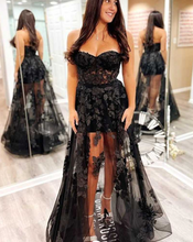 Charger l&#39;image dans la galerie, Black Strapless Prom Dresses with Lace BP0