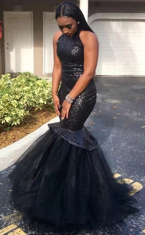 High Neck Black Prom Dresses Mermaid Sequins