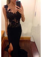 Load image into Gallery viewer, Black Prom Dresses Slit Side with Lace Appliques