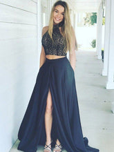 Charger l&#39;image dans la galerie, Black Two Piece Prom Dresses Slit Side