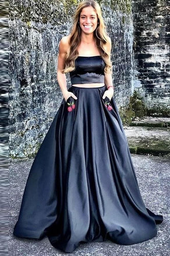 Two Piece Black Prom Dresses with Pockets