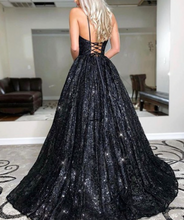 Load image into Gallery viewer, Sparkly Black Prom Dresses Spaghetti Straps