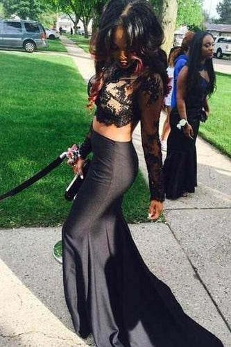 Two Piece Black Prom Dresses Top with Sleeves