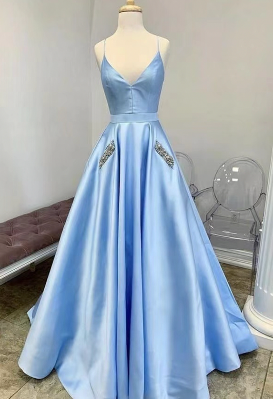 Blue Prom Dresses Pockets with Beaded