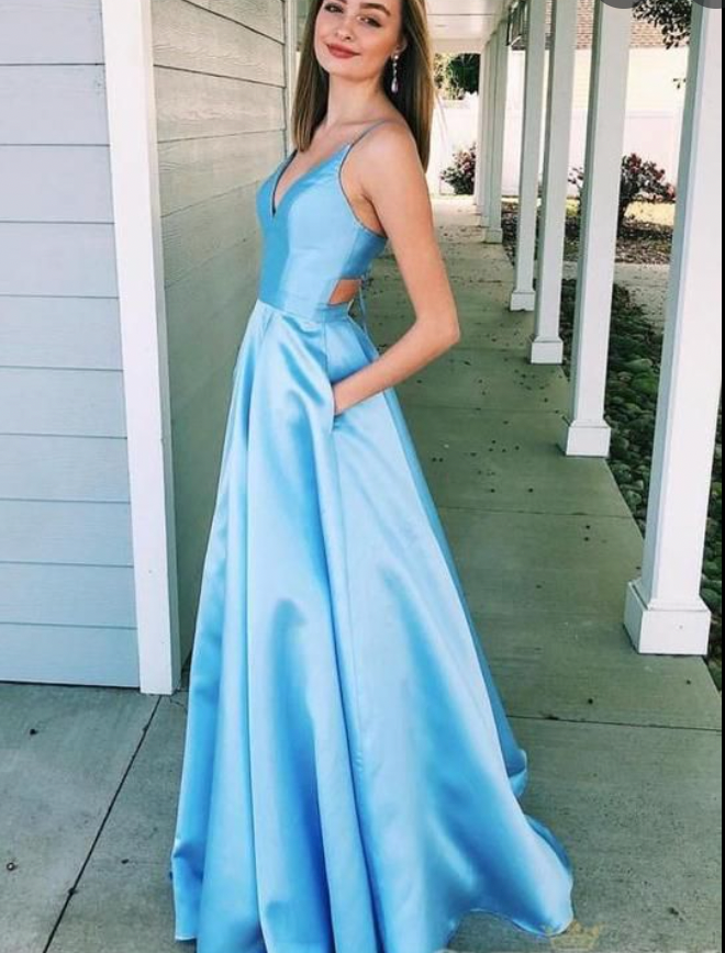 Sky Blue Prom Dresses with Pockets Spaghetti Straps