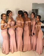 Load image into Gallery viewer, Off the Shoulder Mermaid Bridesmaid Dresses with Lace