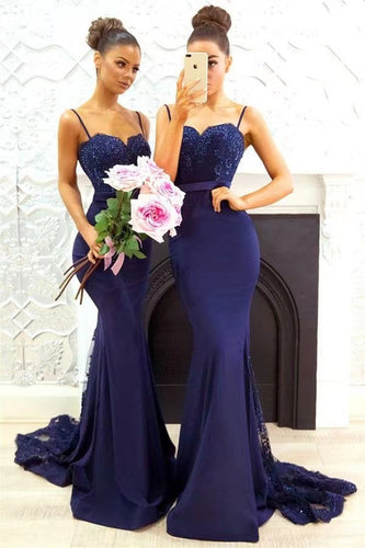 Navy Blue Mermaid Bridesmaid Dresses Spaghetti Straps with Lace Appliques