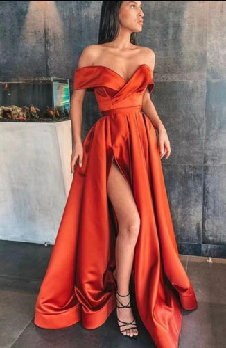 Off Shoulder Slit Side Prom Dresses Orange