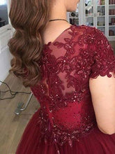 Load image into Gallery viewer, Cap Sleeves Burgundy Ball Gown Prom Dresses with Appliques