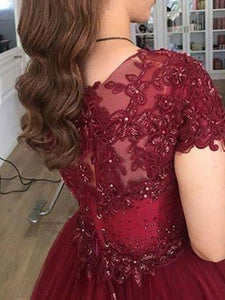 Cap Sleeves Burgundy Ball Gown Prom Dresses with Appliques