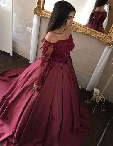 Ball Gown Burgundy Prom Dresses with Appliques Waist with Sash
