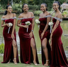 Load image into Gallery viewer, Off shoulder Bridesmaid Dresses Burgundy with Beading