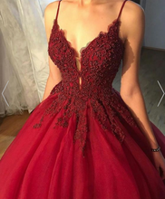 Load image into Gallery viewer, Straps Burgundy Prom Dresses with Beaded Appliques