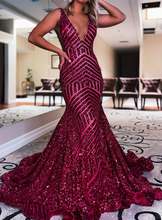 Load image into Gallery viewer, V Neck Mermaid Prom Dresses Long