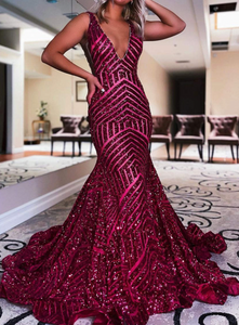 V Neck Mermaid Prom Dresses Long