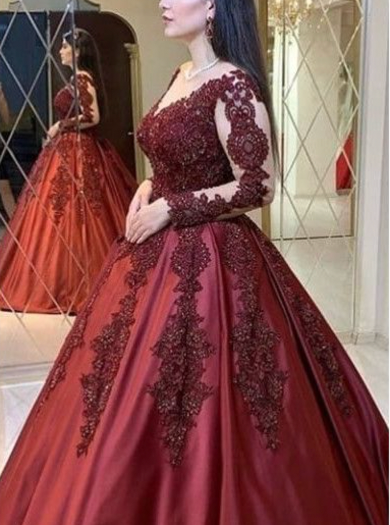 V Neck Burgundy Prom Dresses with Full Sleeves