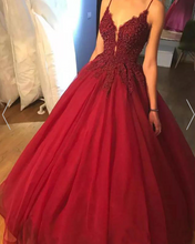 Load image into Gallery viewer, Straps Burgundy Prom Dresses with Beaded Appliques